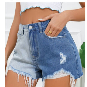 Two-tone distressed denim shorts waist 30"